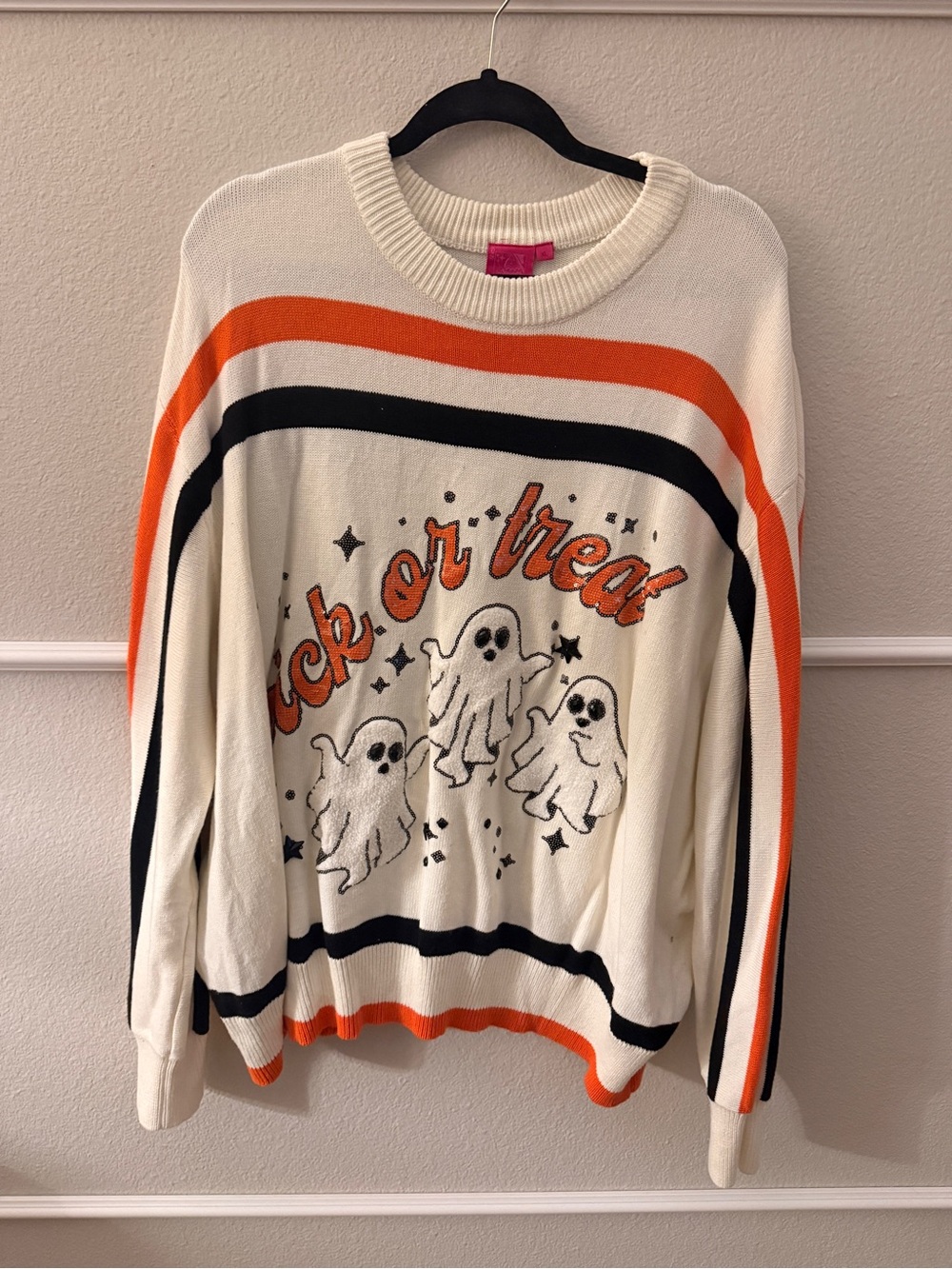 QUEEN OF SPARKLES Cream Halloween Ghost Sweater with Orange & Black Accents